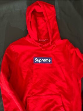 Supreme Red Pullover Hoodie with Navy Box Accent